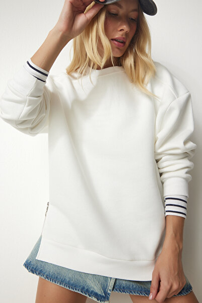 Happiness İstanbul Dámska mikina Ecru so zipsom s detailne zvýšeným úpletom UB00148