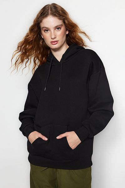 Trendyol Collection Черен дебел полар отвътре Oversize/Wide Fit с качулка Основен плетен суичър TWOAW24SW00103