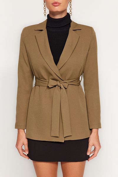 Trendyol Collection Light Khaki Tie Detailed Woven Blazer Jacket TWOAW24BC00079