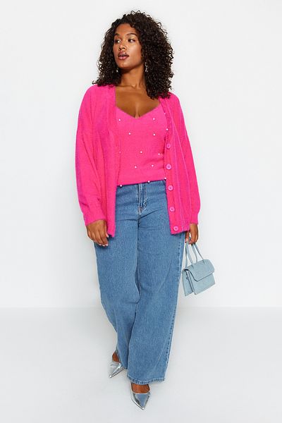 Trendyol Curve Strickset mit Bluse und Strickjacke in Pink Stone TBBAW24AV00010