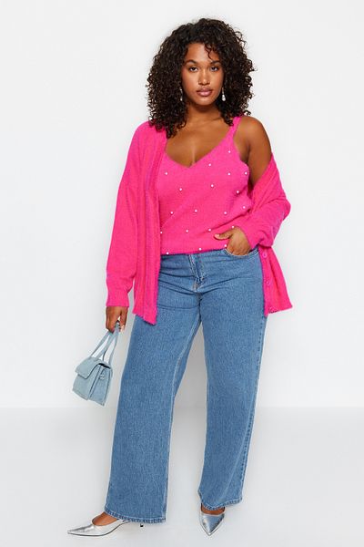 Trendyol Curve Strickset mit Bluse und Strickjacke in Pink Stone TBBAW24AV00010