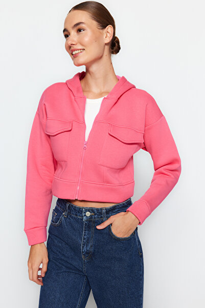 Trendyol Collection Pink Relaxed Cut Crop Pocket Detailed Hooded Thick Fleece Inside Knitted Sweatshirt TWOAW24SW00010