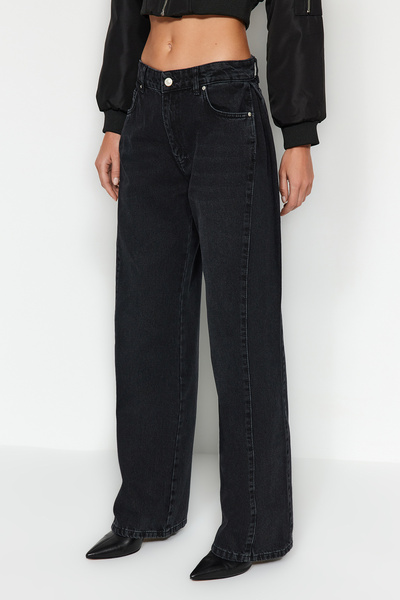 Trendyol Collection Μαύρη ραφή με λεπτομέρεια ψηλόμεσο τζιν εξαιρετικά φαρδύ πόδι TWOAW24JE00260