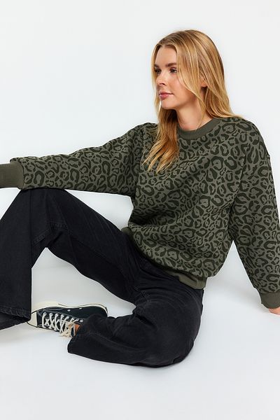 Trendyol Collection Khaki Bedruckt - Dickes Fleece innen Regular Fit SWeatshirt TWOAW24sw00365
