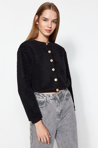 Trendyol Collection Black Gold Buttoned Plush Crop Knitted Cardigan TWOAW24HI00412