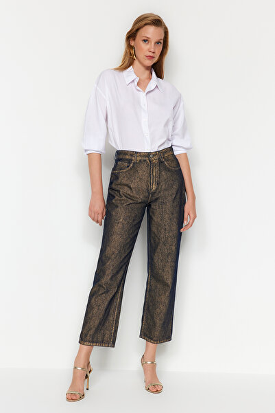 Trendyol Collection Χρυσό γυαλιστερό μεταλλικό εμπριμέ ψηλόμεσο μακρύ ίσιο τζιν TWOAW24JE00116