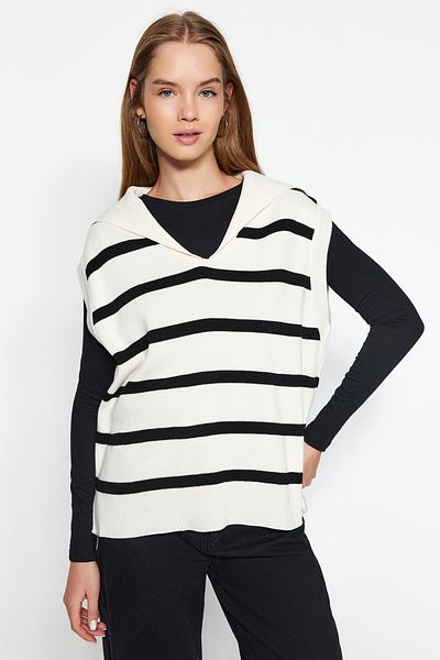 Trendyol Collection Ecru Striped Turndown Collar Knitwear Sweater TWOAW24SV00041