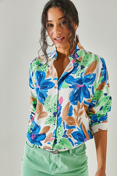 Olalook Women's Saks Blue Green Bat Oversize Linen Viscose Shirt GML-19001071