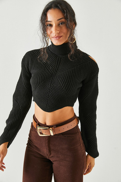 Olalook Pulover de damă, cu umăr negru, cu mâneci decoltate, tricotaje detaliate KZK-19000623