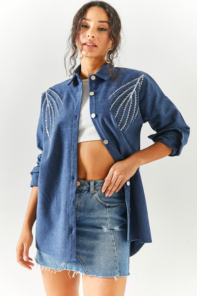 Olalook Жіноча чаша Сорочка GML19001145 з детально промальованим листям індиго з блискітками великого розміру