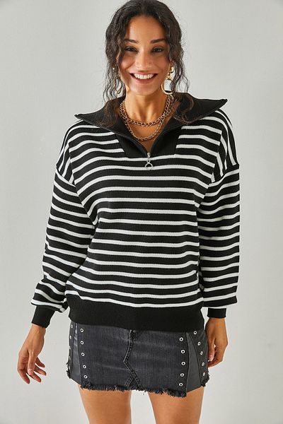 Olalook Pulover negru pentru femei, cu fermoar, cu guler mare, tricotaj, KZK-19000624