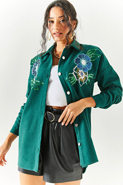 Olalook Γυναικείο πουκάμισο με λουλουδάτο σμαραγδί πράσινη παγιέτα με λεπτομερή στάμπα GML-19001145
