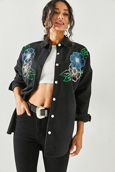 Olalook Γυναικείο πουκάμισο με λουλούδια μαύρη παγιέτα με λεπτομερή στάμπα μεγάλου μεγέθους GML-19001145