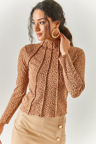 Olalook Γυναικεία Leopard Brown Piece High Collar Lycra Crop Μπλούζα BLZ-19002398
