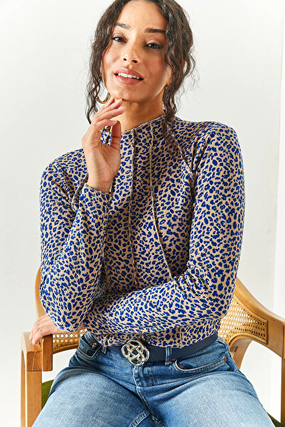 Olalook Γυναικεία Leopard Saks Blue Piece High Collar Lycra Crop Μπλούζα BLZ-19002398