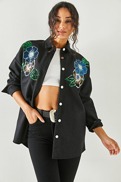 Olalook Γυναικείο πουκάμισο με λουλούδια μαύρη παγιέτα με λεπτομερή στάμπα μεγάλου μεγέθους GML-19001145