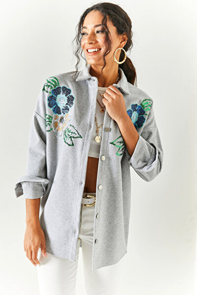 Olalook Women's Floral Gray Sequin Detailed Oversize Stamp Shirt GML-19001145