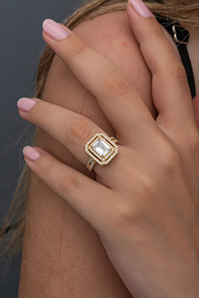 ALYANSEVİM Altın Kaplama Zirkon Taşlı Baget Gümüş Tektaş Yüzük