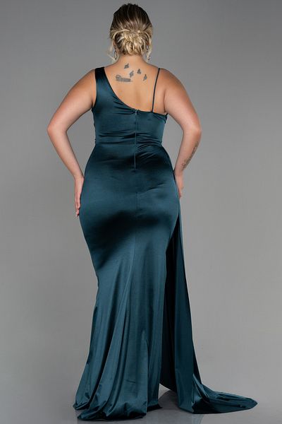 Abiyefon Plus Size One Shoulder Emerald Green Long Satin Evening Dress - Abu2932