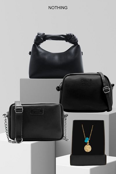 NOTHING Dámská třídílná řetízková taška Urban Bag Knot Detailní sada tašek s dárkovým náhrdelníkem černá