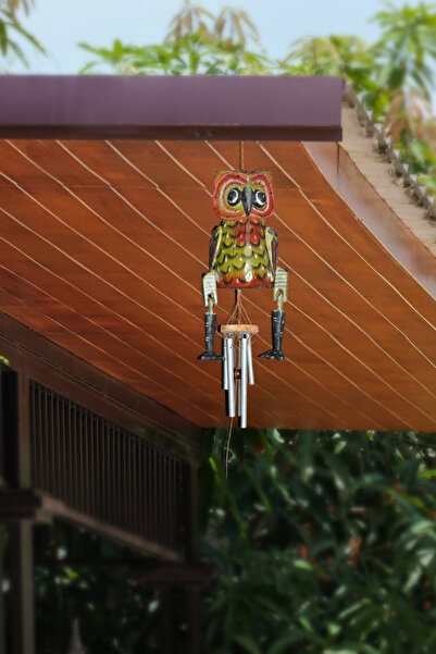 Larenya Ahşap Oyma Baykuş Figürlü Rüzgar Çanı & Balkon Bahçe Tavan Süsü