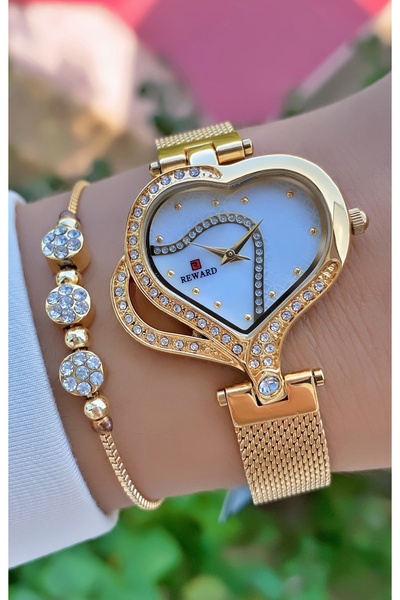 Reward Marka Altın Renk Su Geçirmez 2 Yıl Garantili Kalpli Çelik Hasır Kordon...