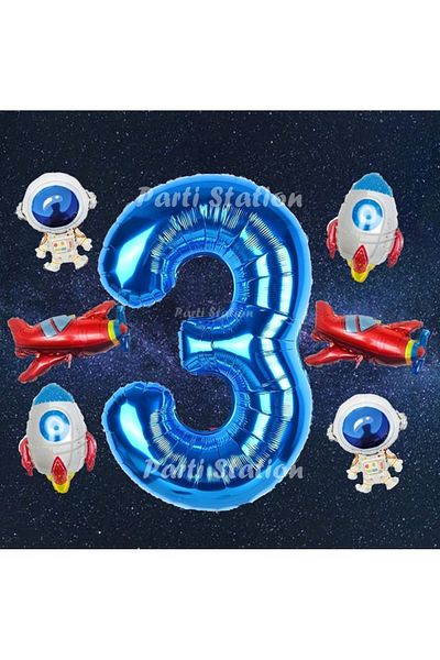 Parti Station Navy Blue Color Number Balloon Space Concept 3 Year Old Birthday Balloon Set Galaxy Astronaut Space Rocket Balloon
