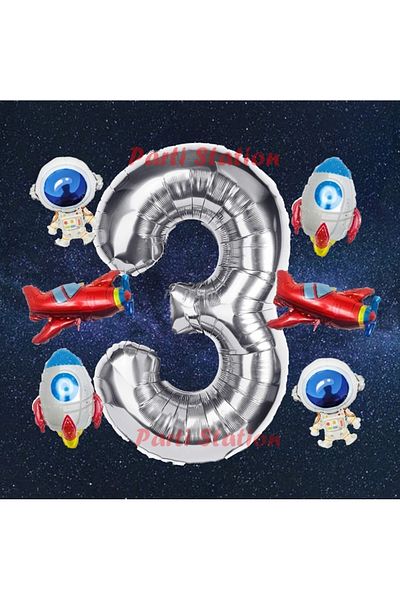 Parti Station Silver Color Number Balloon Space Concept 3 Year Old Birthday Balloon Set Galaxy Astronaut Space Rocket Balloon