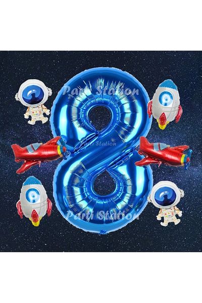 Parti Station Navy Blue Color Number Balloon Space Concept 8 Years Birthday Balloon Set Galaxy Astronaut Space Rocket Balloon
