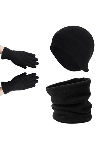 AXE SPORTSWEAR Mănuși negre de iarnă pentru femei din lână termică - Căciulă din lână cu căști pentru urechi - Set de 3 guler cu șnur din lână