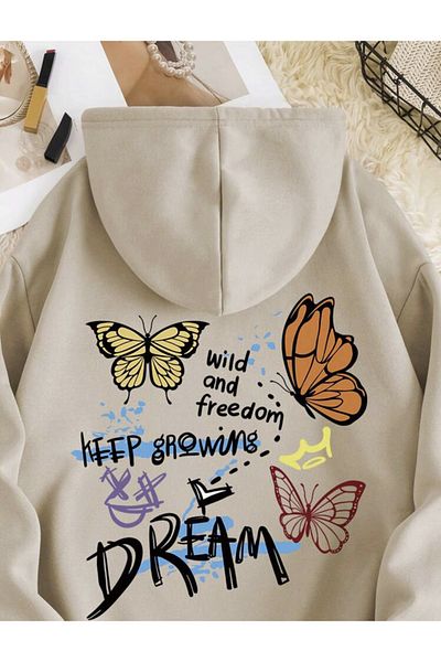 ALİKA Béžová oversized mikina Keep Groving Dream s kapucí