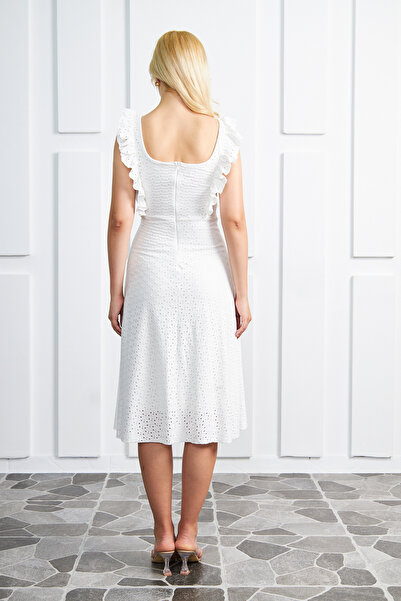 vuvutasarım Podšité rukávy z pružné látky Volánková Midi délka Rozevlátý střih Bílé večerní šaty 084