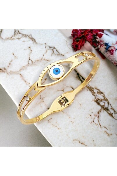 Hobisy Kirpikli Göz Nazarlı Çelik Kelepçe Bileklik | Vip Serisi Çelik Takı