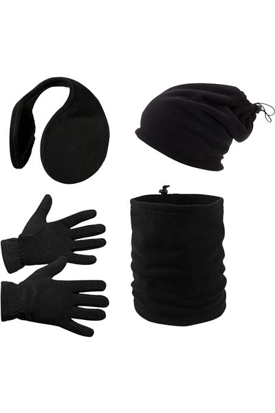 AXE SPORTSWEAR Мъжки черни зимни ръкавици Polar - шапка Polar Beanie с въже - комплект от 4 наушника тип врата