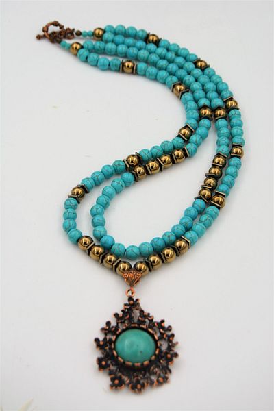 Stoneage Turquoise and Hematite and Turquoise Stone Evil Eye and Healing Necklace