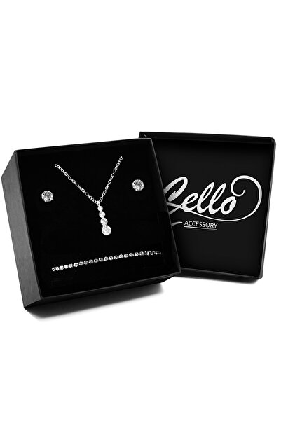 Cello Accessory Gümüş Renk Kaplama Dört Taş Kolye & 2'li Küpe & Bileklik Seti