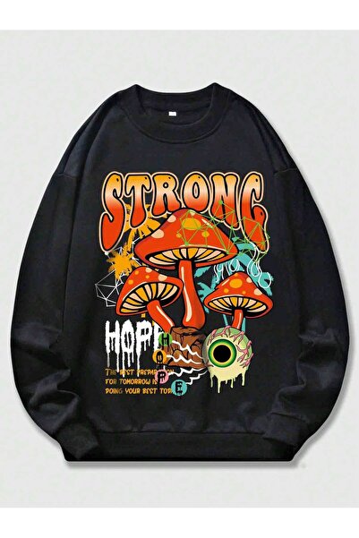 Adrift ROMWE Hanorac cu imprimeu cu ciuperci și slogan, stil Street Life, pen...