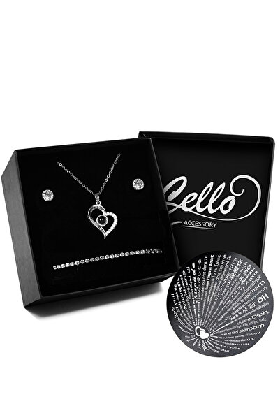 Cello Accessory Gümüş Renk Kaplama Çelik 100 Dilde Seni Seviyorum Kolye & 2'li Küpe & Bileklik Seti