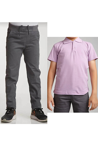 FERRY BUTİK Унісекс діти ребра талія білизна сіра шкільні штани поло комір з ...