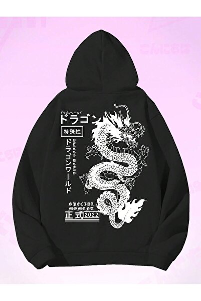 Adrift Φούτερ με κουκούλα και κορδόνι, με σχέδιο Ιαπωνικών γραμμάτων & δράκου...