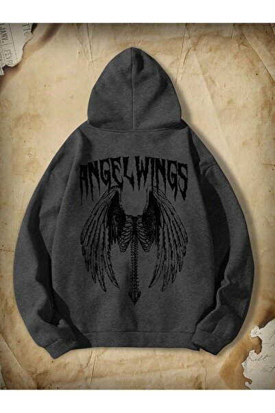 Adrift Academia Guys Wings & Letter Graphic Drawstring Hoodie Gri