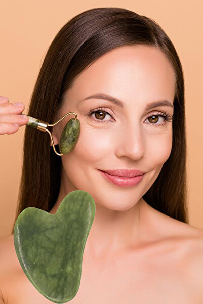 MOBEE Yeşim Face Jade Roller Ve Yeşim Kalp Gua Sha Masaj Taşı Yüz Masaj Seti