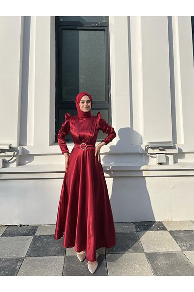 LEİLATELİER Hijab Evening Dress Claret Red