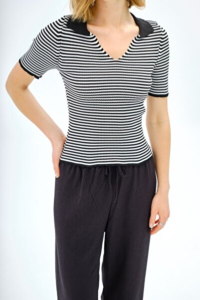 güneş butik Polo yaka çizgili crop triko bluz