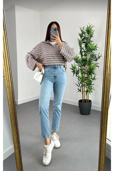 MAKRAS EXCLUSIVE Blugi lycra albastri cu talie înaltă Julia anii 90 - Blugi Mom spălați cu zăpadă