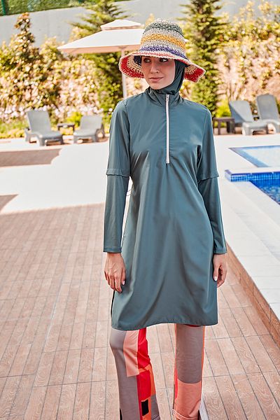 Marina Parachute 4-Piece Khaki Pattern Detailed Fully Covered Hijab Swimsuit M2279