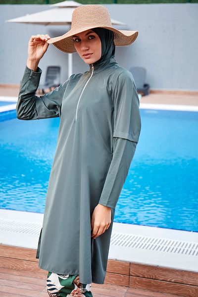 Marina Parachute 4-Piece Khaki Leaf Patterned Full Covered Hijab Swimsuit M2261