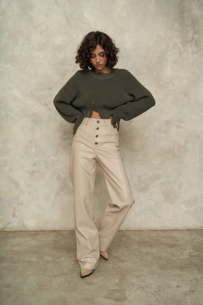 MAİ COLLECTİON Cala sötét khaki szakadt részlet kötöttáru Crop pulóver