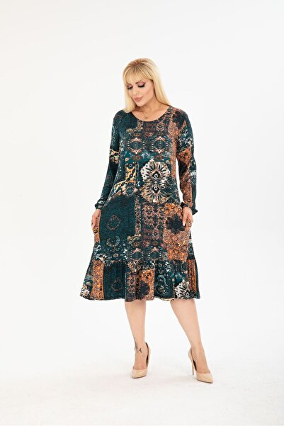 mezura tekstil PLUS SIZE BELOW KNEE LONG SLEEVE SKIRT Ruffle DETAIL STYLISH DOUBLE POCKET VISCOSE COMBED DRESS