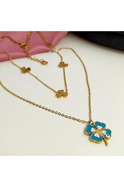 RAHSHINE Şans Kolyesi | Altın Kaplama Çift Zincirli Yonca Detaylı Çelik Kolye